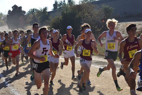 Lagunas top three boys (Ryan Smithers, Luc LaMontagne, Zach Falkowski) run as a pack in the first 800 meters of the race. 