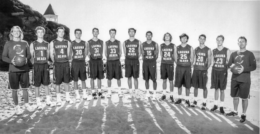 (Left to Right) Coach Bret Fleming, Owen McMurray, Grady Morgan, Charlie Rounaghi, Nolan Naess, Wesley Witteman, Blake Burzell, Adam Armstrong, Blake Lusk, Mateo Mesinas, Lucas Kravitz, Brooks Hoganauer and Coach Rus Soobzokov are responsible for a record-breaking season. The 2017-18 Breakers team had the most successful regular season in Laguna Beach basketball history.