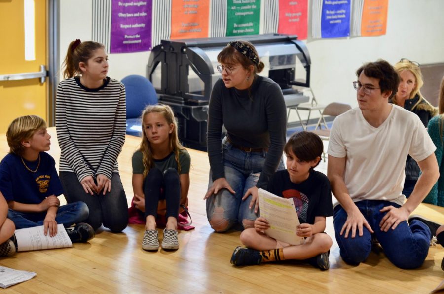(Left to Right) juniors Kelsey Bailey, Chloe Bryan, and Will Purdy guide a group of elementary kids through their lines. The three, along with five others, extended a helping hand last Thursday with their production of Charlie and the Chocolate Factory.