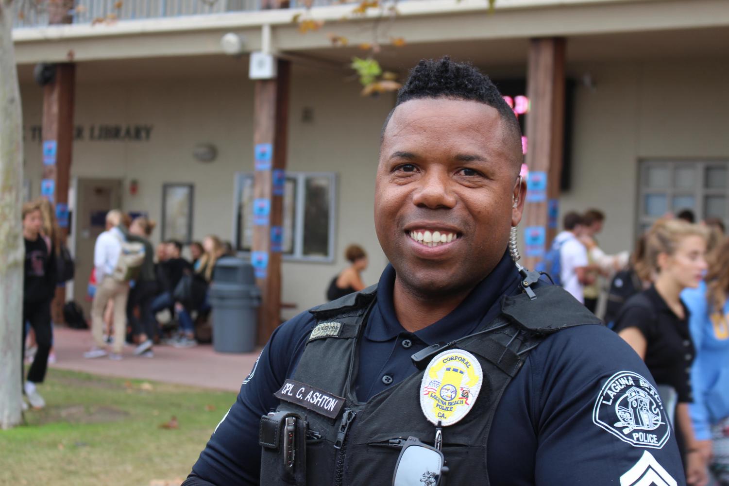 Coporal Cornelius Ashton takes a break from greeting students in the LBHS quad. Corporal Ashton has already begun establishing trusting relationships at all four of the district’s schools.