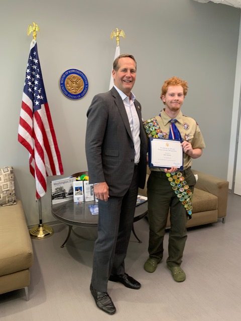 Kyle Herkins is commemorated by Congressman Harley Rouda for earning all the merit badges.  (Take by: Lisa Herkins)