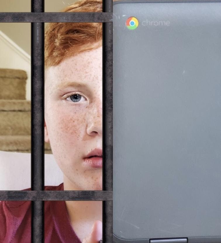 Thurston+middle-schooler+Dane+Seybold+peers+out+from+his+Chromebook+prison.+Students+everywhere+have+endured+the+inescapable+consequences+that+come+along+with+all+the+benefits+of+online+learning.+