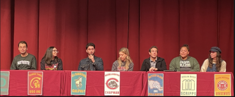 An image of the panelists. From left to right; Alex Rounaghi (Dartmouth Class of 2020), Yasmeen Tarazi (USC Class of 2021), Ali Samanifard (Cal Poly San Luis Obispo Class of 2021), Makena Augenstein (Chapman Class of 2022), Matthew Blunk (Cal State Fullerton Class of 2023), Avalon Brice (Scripps College Class of 2024) and Claire Wittkop (Ursinus College Class of 2024). 