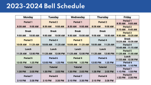 Next year’s bell schedule adds two periods to the school day, moves Tutorial to after lunch, extends the lunch period and shortens Friday class times. A bell schedule committee
studied surrounding schools’ schedules, solicited community input and evaluated options for three years before determining next year’s schedule.