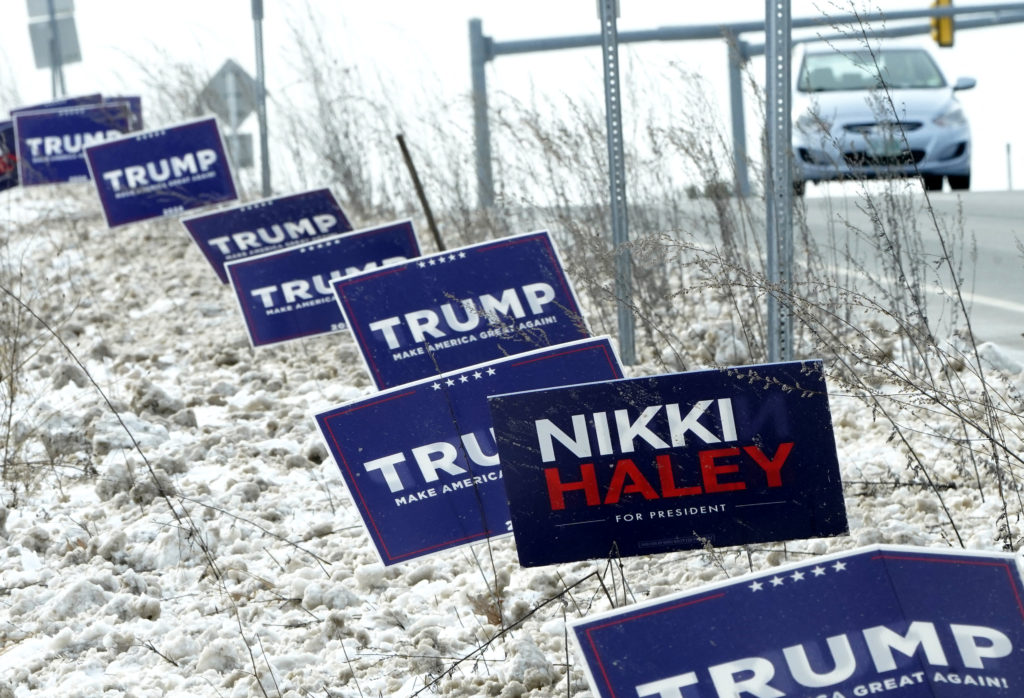Campaign signs alongside the highway in Concord, New Hampshire on January 18, 2024. The states primary is scheduled for January 23, 2024. (Photo by TIMOTHY A. CLARY / AFP) (Photo by TIMOTHY A. CLARY/AFP via Getty Images)