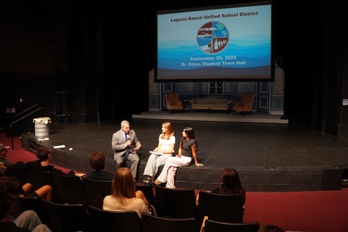 Keating Cummings and Audrina Krizenesky interview Laguna Beach Unified School District's new super intendant, Dr. Glass. The two students prepared questions about curriculum changes and introduced Dr. Glass to high school students during his first visit to campus. 
